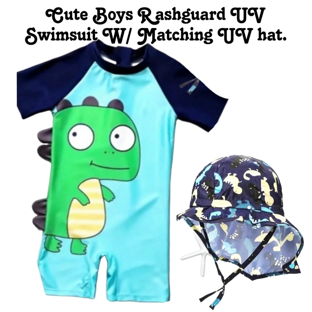 LITTLE BOYS 🦕 🦖 DINO RASH GUARD SWIMSUIT w HAT